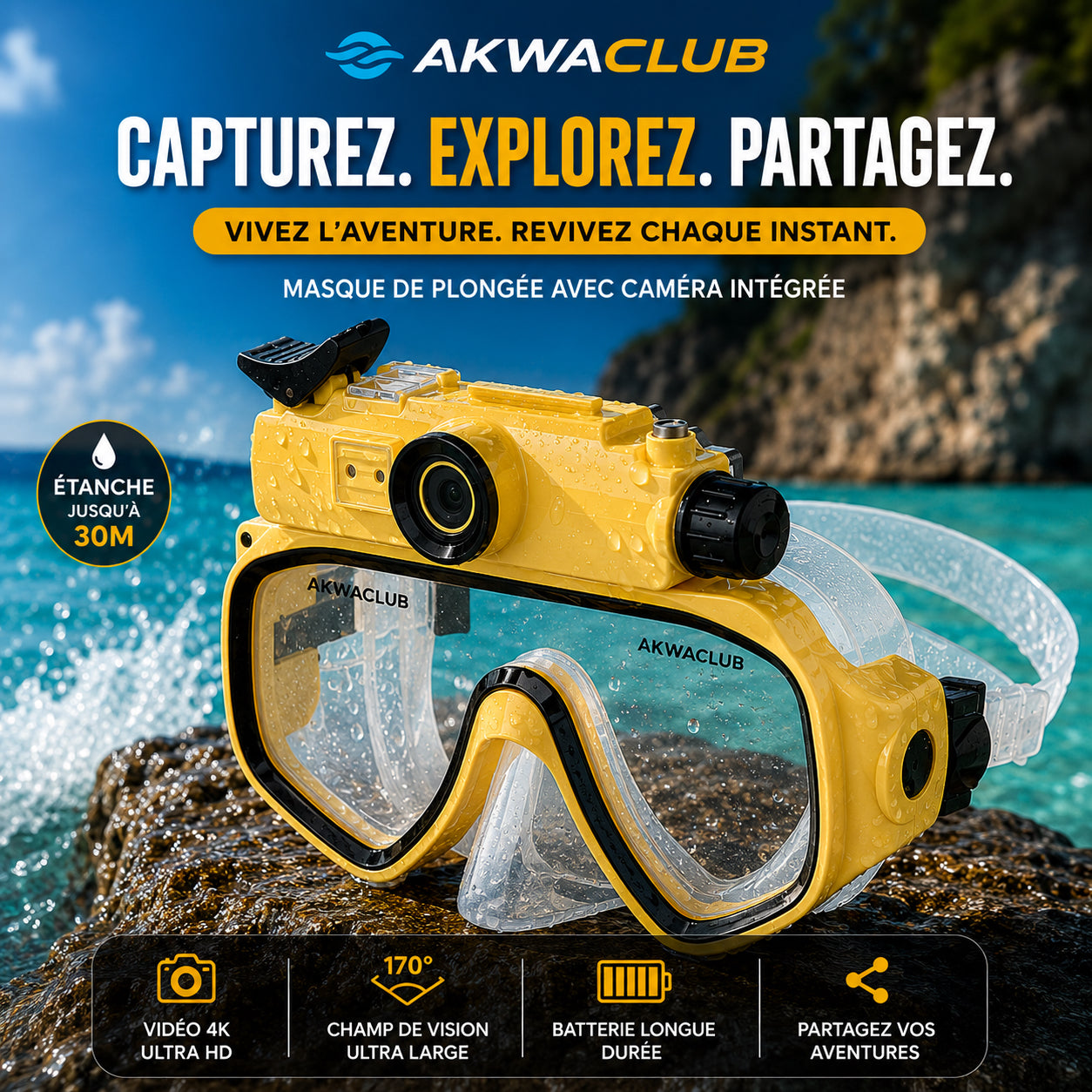 Masque AquaVision Pro™ — Caméra Sous-Marine 8MP Mains Libres